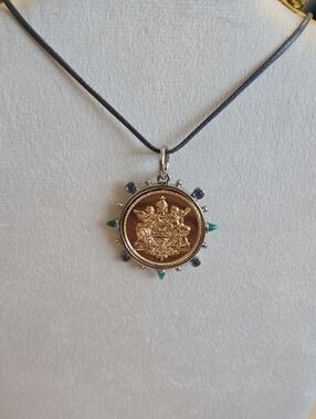 French Replica Gold coin silver bezel bluegreen gemstones On Blue Leather Chain
